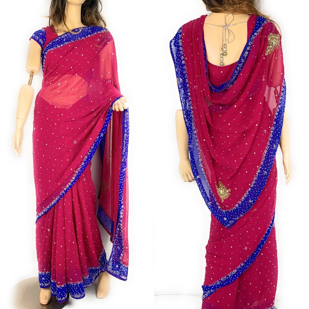 Royal pink and blue chiffon saree